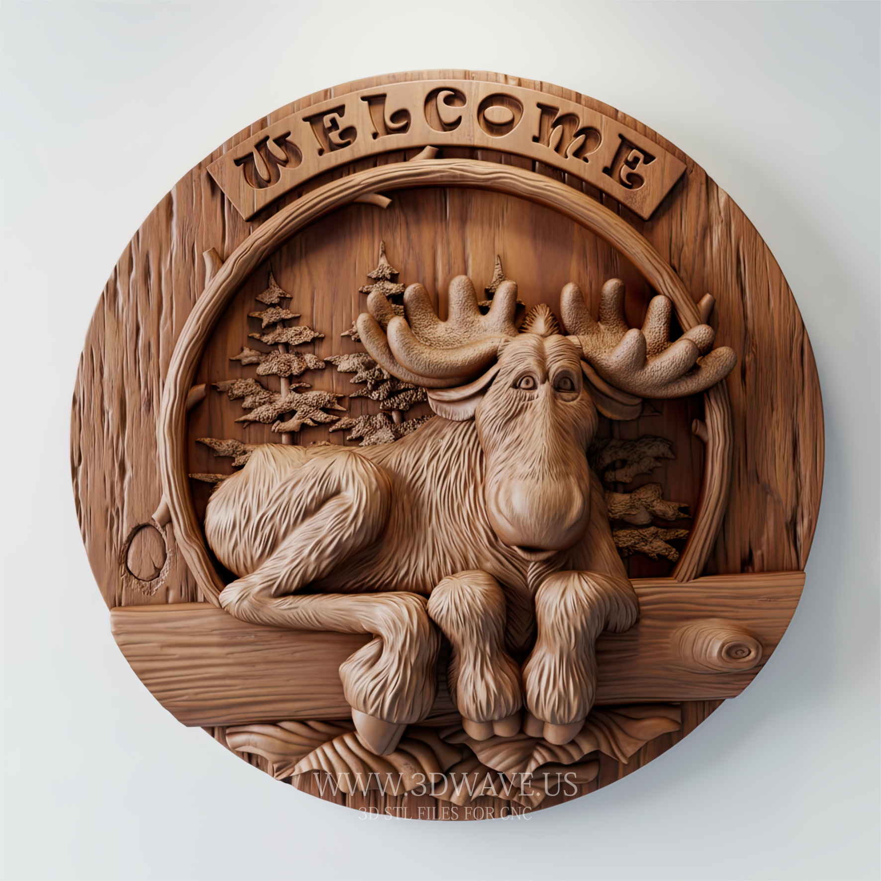 CNC Moose Welcome Sign STL – Rustic 3D Wood Carving Relief - 3DWave.us