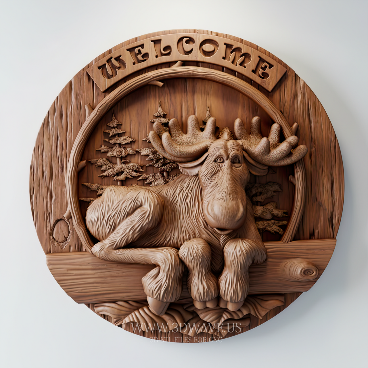 CNC Moose Welcome Sign STL – Rustic 3D Wood Carving Relief - 3DWave.us