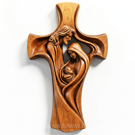 Cross STL File | Holy Family Relief CNC Model | Christian Carving Download