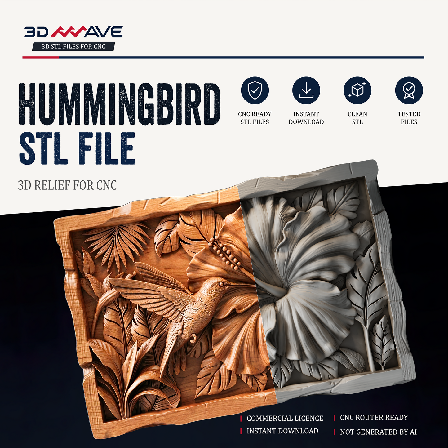 Hummingbird Wall Art STL | CNC Router File | Hibiscus Relief | Wood Carving 3D STL