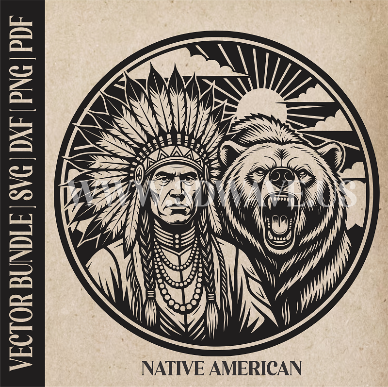 Native American with Bear | Vector Art: LaserCut Files for Cricut, Glowforge SVG | Digital Products