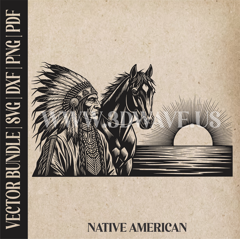 Native American with Horse | Vector Art: LaserCut Files for Cricut, Glowforge SVG | Digital Products