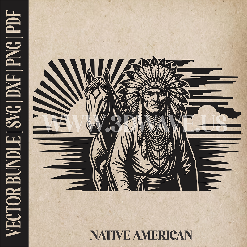 Native American with Horse | Vector Art: LaserCut Files for Cricut, Glowforge SVG | Digital Products