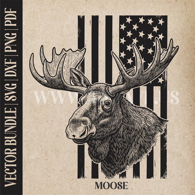 Moose on American flag backround  | Vector Art: LaserCut Files for Cricut, Glowforge SVG | Digital Products