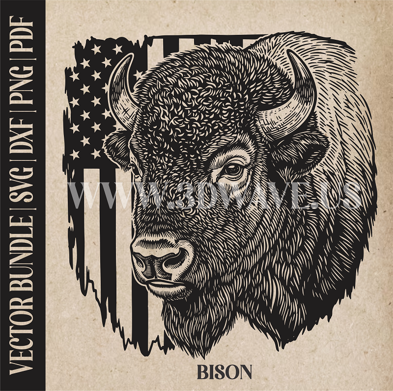 Bison on american flag background  | Vector Art: LaserCut Files for Cricut, Glowforge SVG | Digital Products