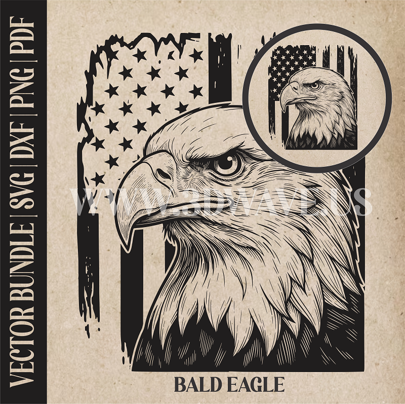Bald Eagle on American Flag Background| Vector Art: LaserCut Files for Cricut, Glowforge SVG | Digital Products