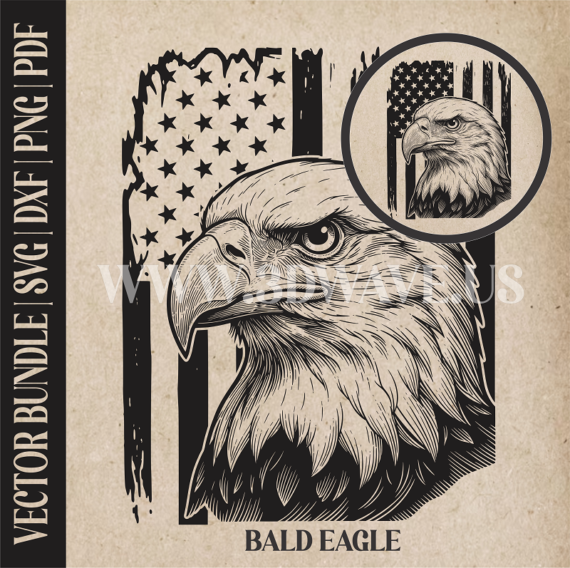 Bald Eagle on American Flag Background| Vector Art: LaserCut Files for Cricut, Glowforge SVG | Digital Products