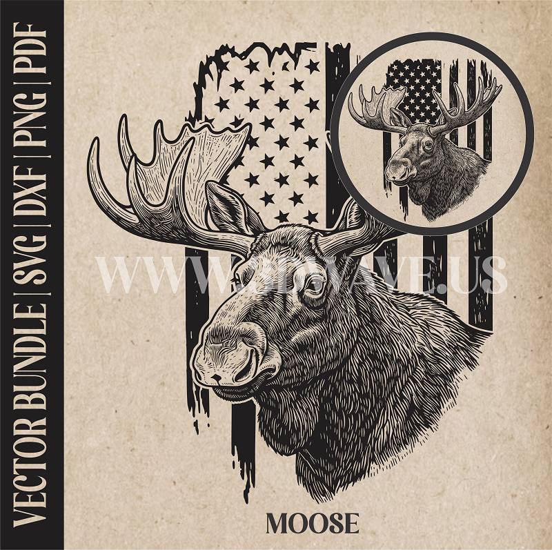 Moose on American Flag Background | Vector Art: LaserCut Files for Cricut, Glowforge SVG | Digital Products