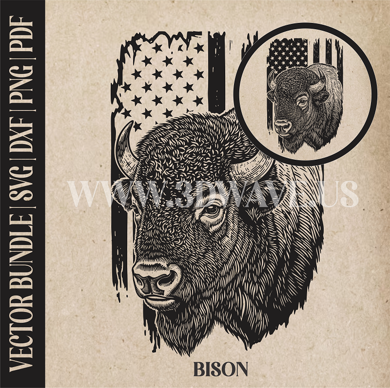Bison on american flag background  | Vector Art: LaserCut Files for Cricut, Glowforge SVG | Digital Products