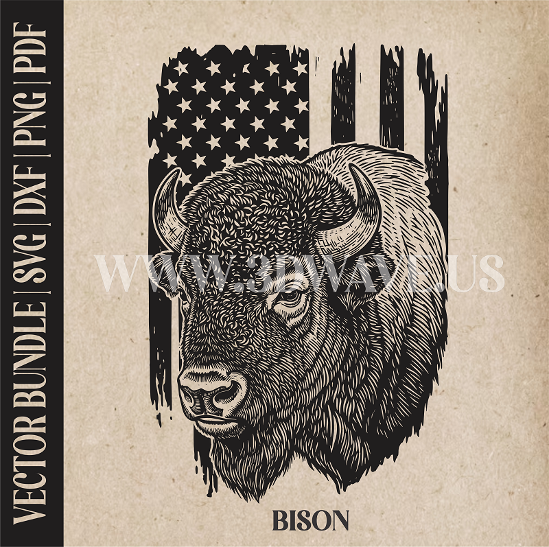 Bison on american flag background  | Vector Art: LaserCut Files for Cricut, Glowforge SVG | Digital Products