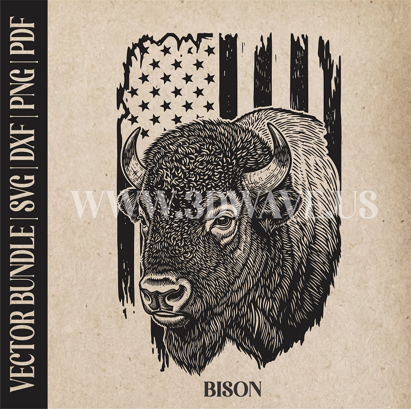 Bison on american flag background  | Vector Art: LaserCut Files for Cricut, Glowforge SVG | Digital Products