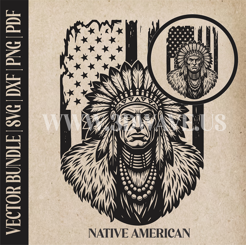 Native American on American Flag Backround | Vector Art: LaserCut Files for Cricut, Glowforge SVG | Digital Products
