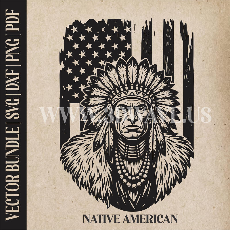 Native American on American Flag Backround | Vector Art: LaserCut Files for Cricut, Glowforge SVG | Digital Products