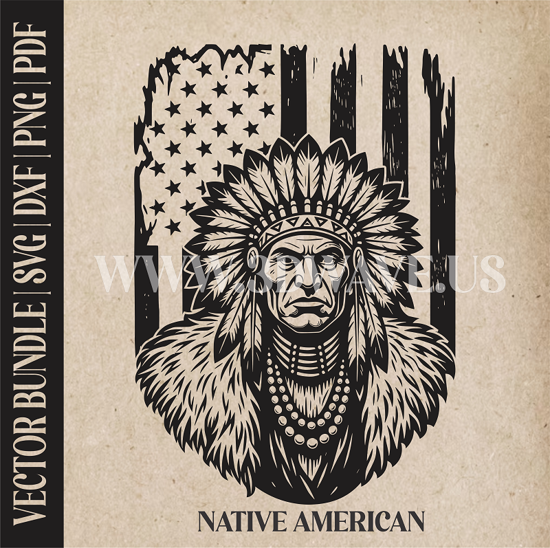 Native American on American Flag Backround | Vector Art: LaserCut Files for Cricut, Glowforge SVG | Digital Products