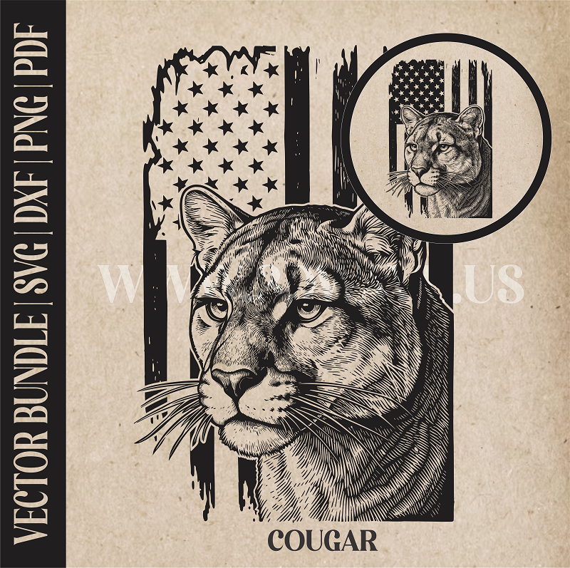 Cougar on American Flag background | Vector Art: LaserCut Files for Cricut, Glowforge SVG | Digital Products