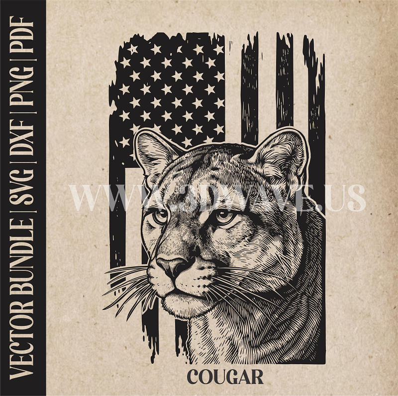 Cougar on American Flag background | Vector Art: LaserCut Files for Cricut, Glowforge SVG | Digital Products