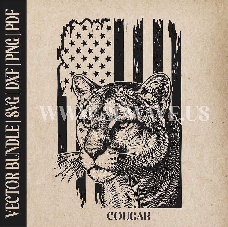 Cougar on American Flag background | Vector Art: LaserCut Files for Cricut, Glowforge SVG | Digital Products
