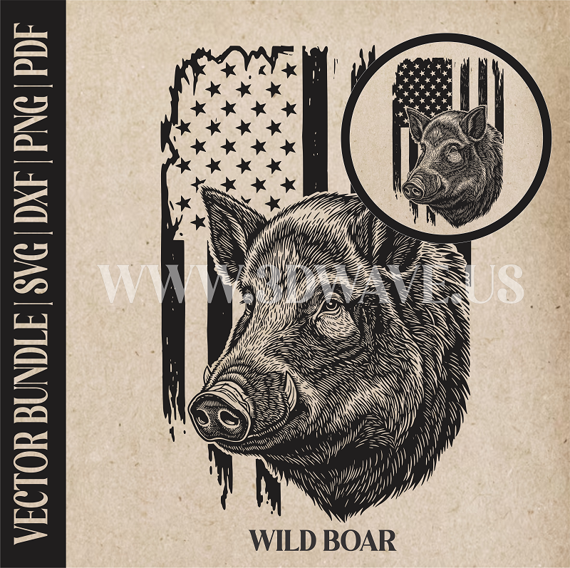 Wild boar on American Flag Background | Vector Art: LaserCut Files for Cricut, Glowforge SVG | Digital Products