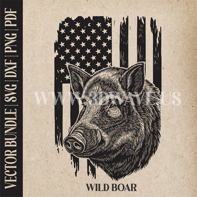 Wild boar on American Flag Background | Vector Art: LaserCut Files for Cricut, Glowforge SVG | Digital Products
