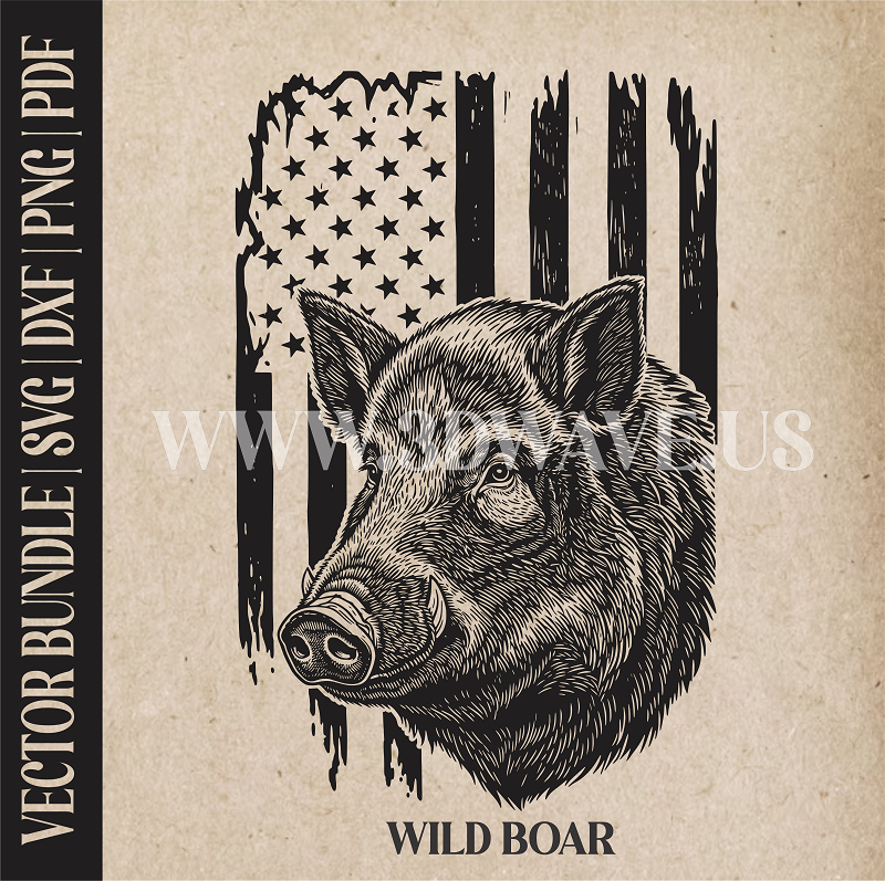 Wild boar on American Flag Background | Vector Art: LaserCut Files for Cricut, Glowforge SVG | Digital Products