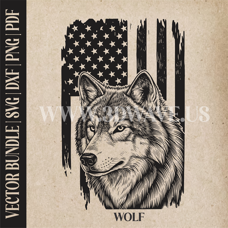Wolf on American Flag background| Vector Art: LaserCut Files for Cricut, Glowforge SVG | Digital Products