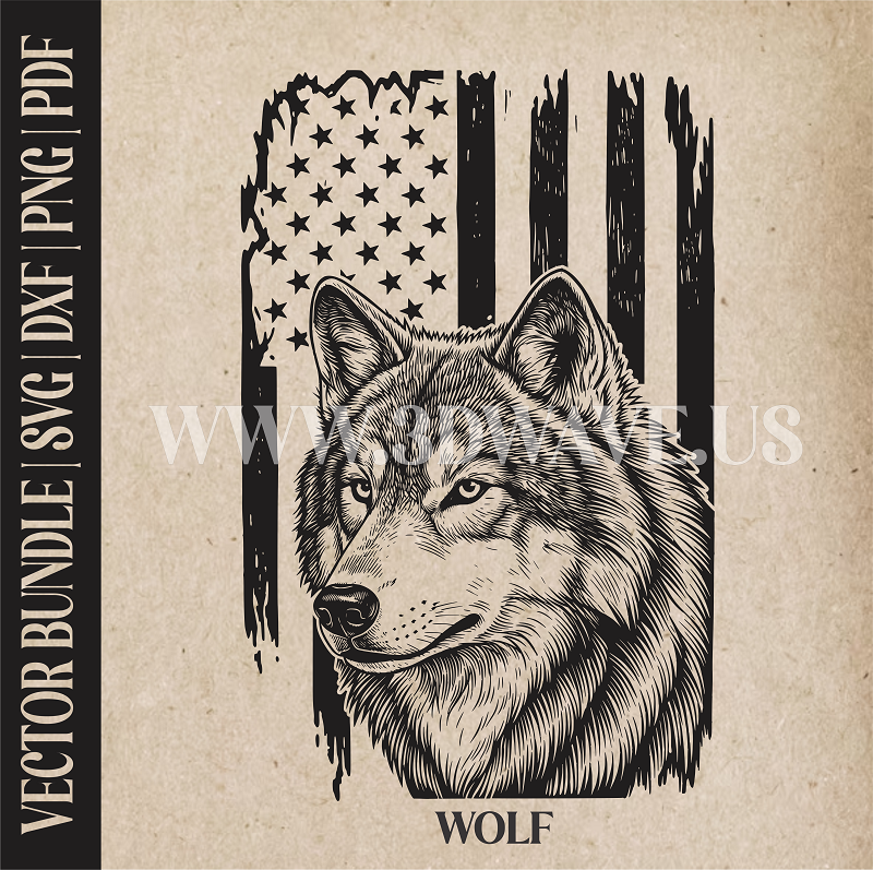Wolf on American Flag background| Vector Art: LaserCut Files for Cricut, Glowforge SVG | Digital Products