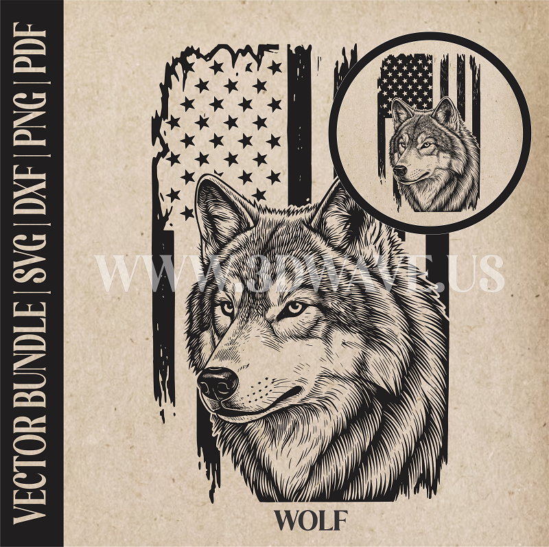 Wolf on American Flag background| Vector Art: LaserCut Files for Cricut, Glowforge SVG | Digital Products