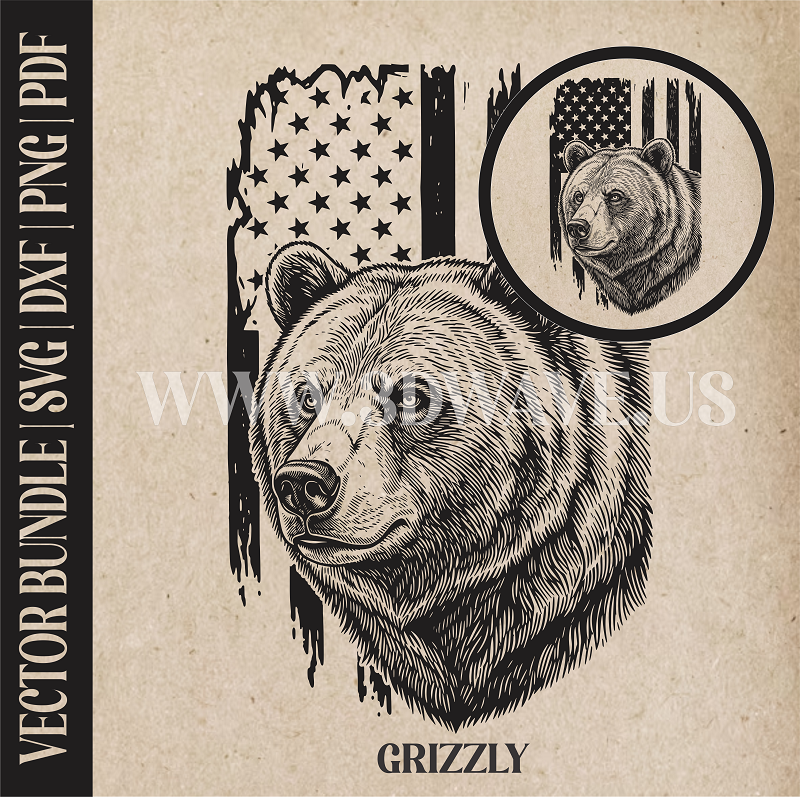 Grizzly bear on American Flag Background | Vector Art: LaserCut Files for Cricut, Glowforge SVG | Digital Products