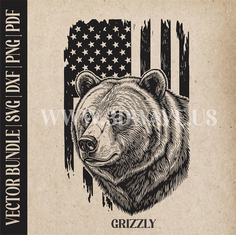Grizzly bear on American Flag Background | Vector Art: LaserCut Files for Cricut, Glowforge SVG | Digital Products
