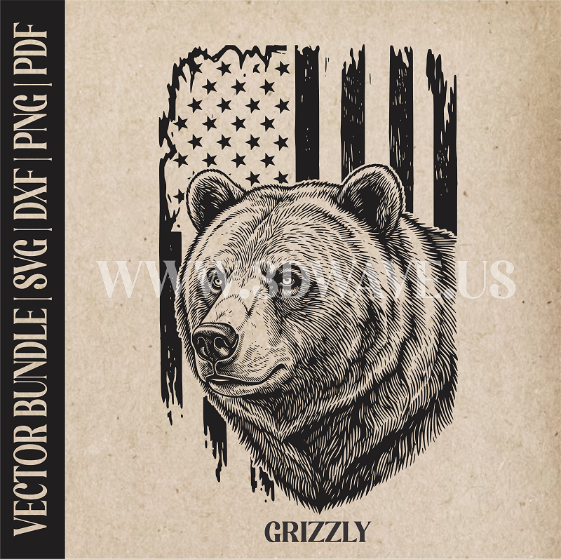 Grizzly bear on American Flag Background | Vector Art: LaserCut Files for Cricut, Glowforge SVG | Digital Products