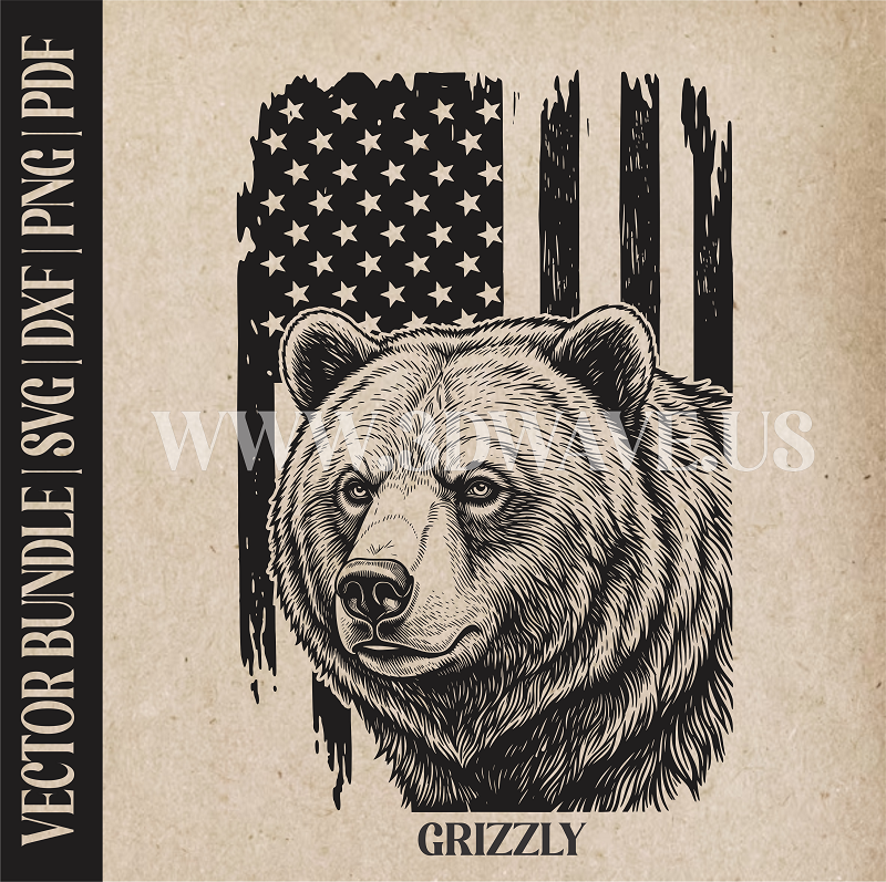 Grizzly bear on American Flag background | Vector Art: LaserCut Files for Cricut, Glowforge SVG | Digital Products