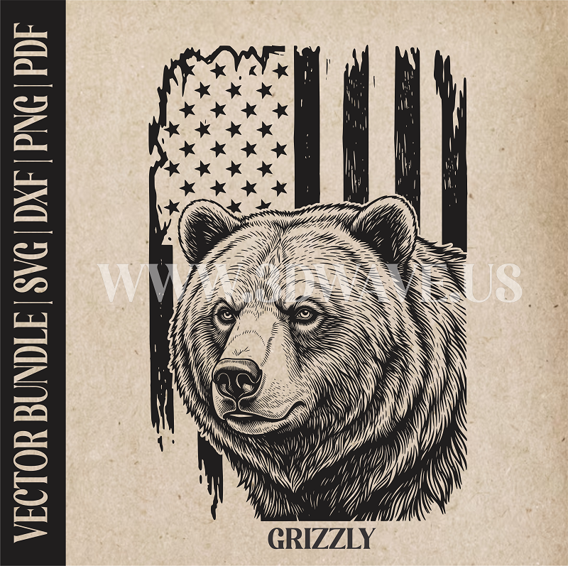 Grizzly bear on American Flag background | Vector Art: LaserCut Files for Cricut, Glowforge SVG | Digital Products
