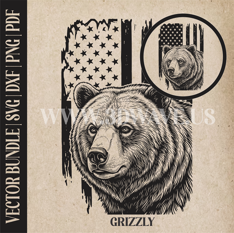 Grizzly bear on American Flag background | Vector Art: LaserCut Files for Cricut, Glowforge SVG | Digital Products