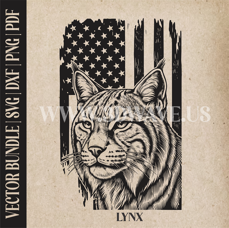 Lynx on American Flag Background | Vector Art: LaserCut Files for Cricut, Glowforge SVG | Digital Products