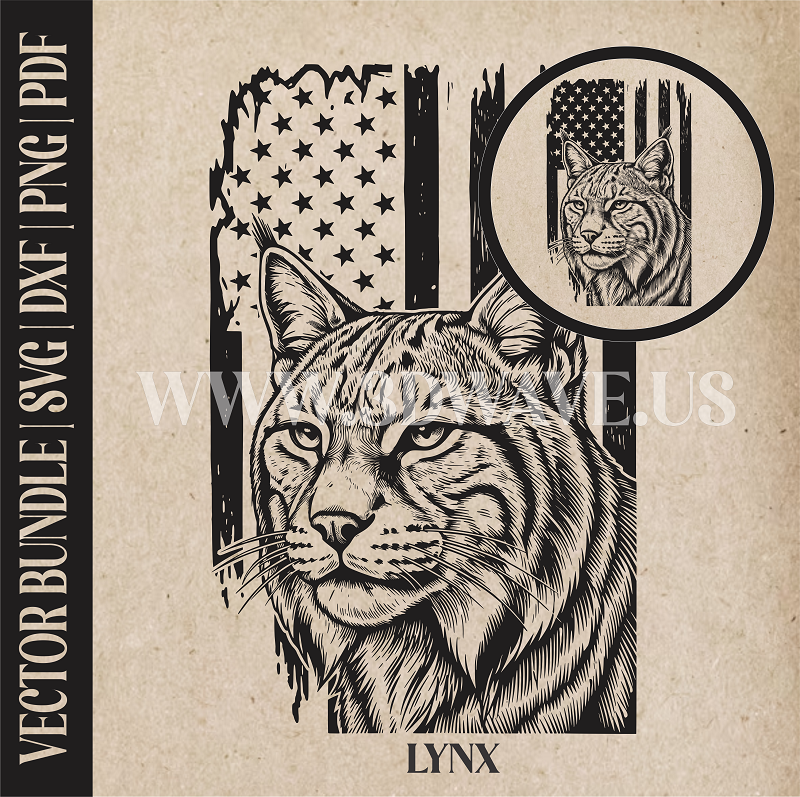 Lynx on American Flag Background | Vector Art: LaserCut Files for Cricut, Glowforge SVG | Digital Products