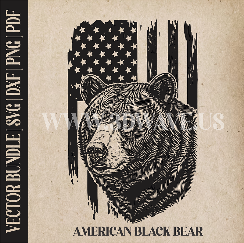 American Black Bear on American Flag Background | Vector Art: LaserCut Files for Cricut, Glowforge SVG | Digital Products