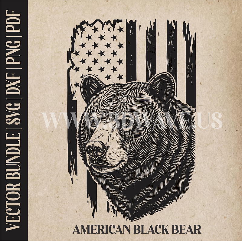 American Black Bear on American Flag Background | Vector Art: LaserCut Files for Cricut, Glowforge SVG | Digital Products