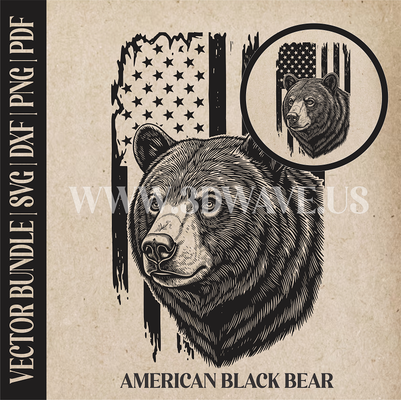 American Black Bear on American Flag Background | Vector Art: LaserCut Files for Cricut, Glowforge SVG | Digital Products