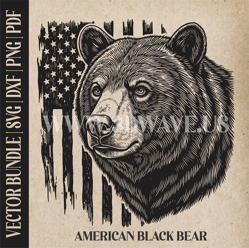 American Black Bear on American Flag Background | Vector Art: LaserCut Files for Cricut, Glowforge SVG | Digital Products