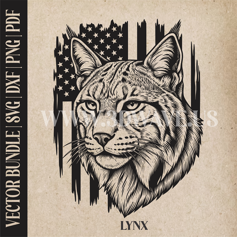 Lynx on American Flag Background | Vector Art: LaserCut Files for Cricut, Glowforge SVG | Digital Products