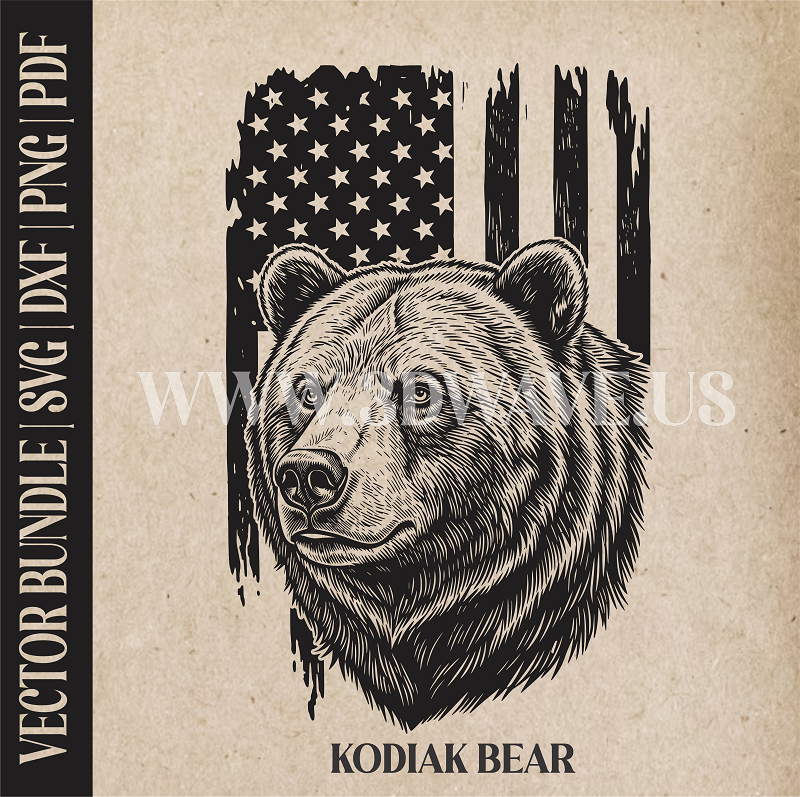 Kodiak Bear on American Flag Background | Vector Art: LaserCut Files for Cricut, Glowforge SVG | Digital Products)