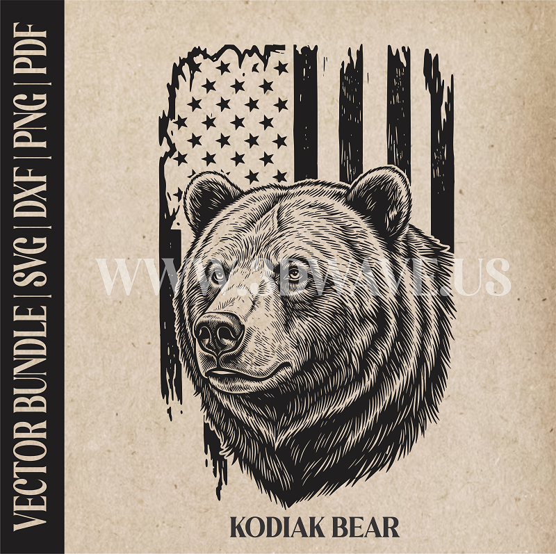 Kodiak Bear on American Flag Background | Vector Art: LaserCut Files for Cricut, Glowforge SVG | Digital Products)