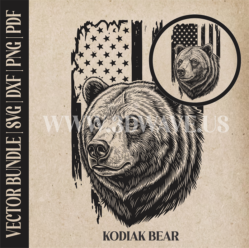 Kodiak Bear on American Flag Background | Vector Art: LaserCut Files for Cricut, Glowforge SVG | Digital Products)