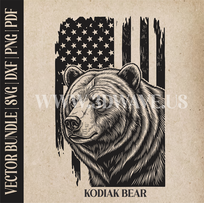 Kodiak Bear on American Flag Background | Vector Art: LaserCut Files for Cricut, Glowforge SVG | Digital Products)