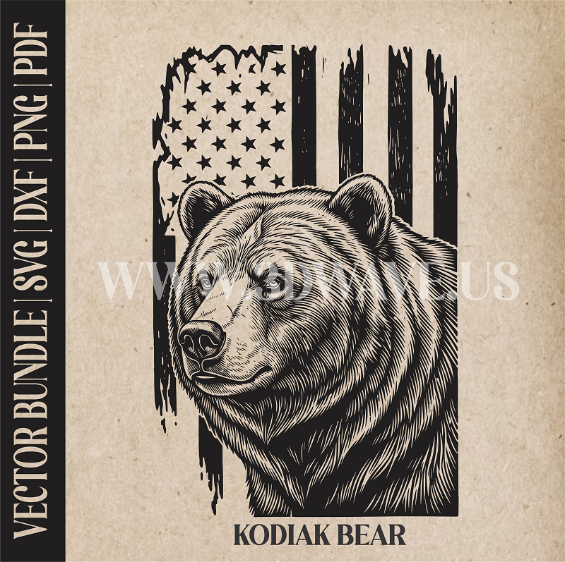 Kodiak Bear on American Flag Background | Vector Art: LaserCut Files for Cricut, Glowforge SVG | Digital Products)