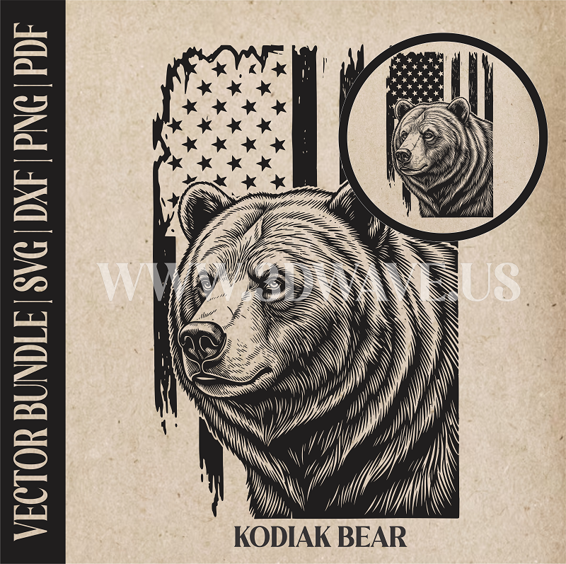 Kodiak Bear on American Flag Background | Vector Art: LaserCut Files for Cricut, Glowforge SVG | Digital Products)