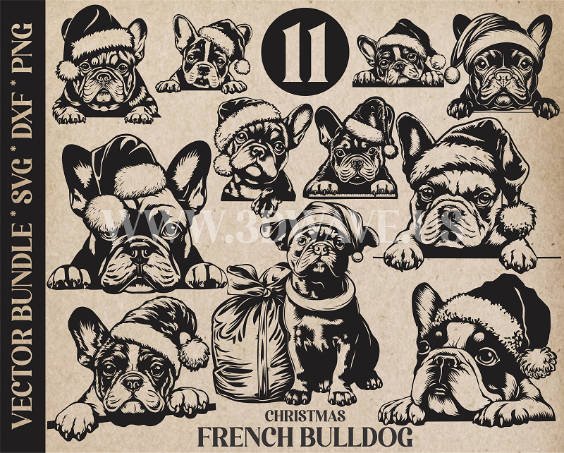 Peeking French Bulldog Dog Bundle | Vector Art | Peeking Puppy Illustration | Santa Claus | Christmas | Digital Download