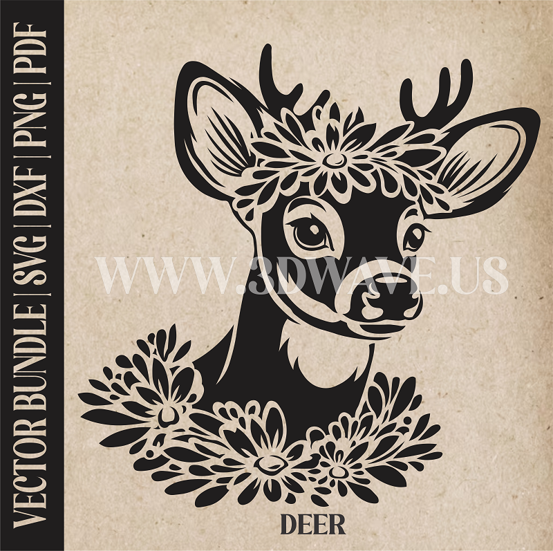 Deer in Flowers | Vector Art: LaserCut Files for Cricut, Glowforge SVG | Digital Products)
