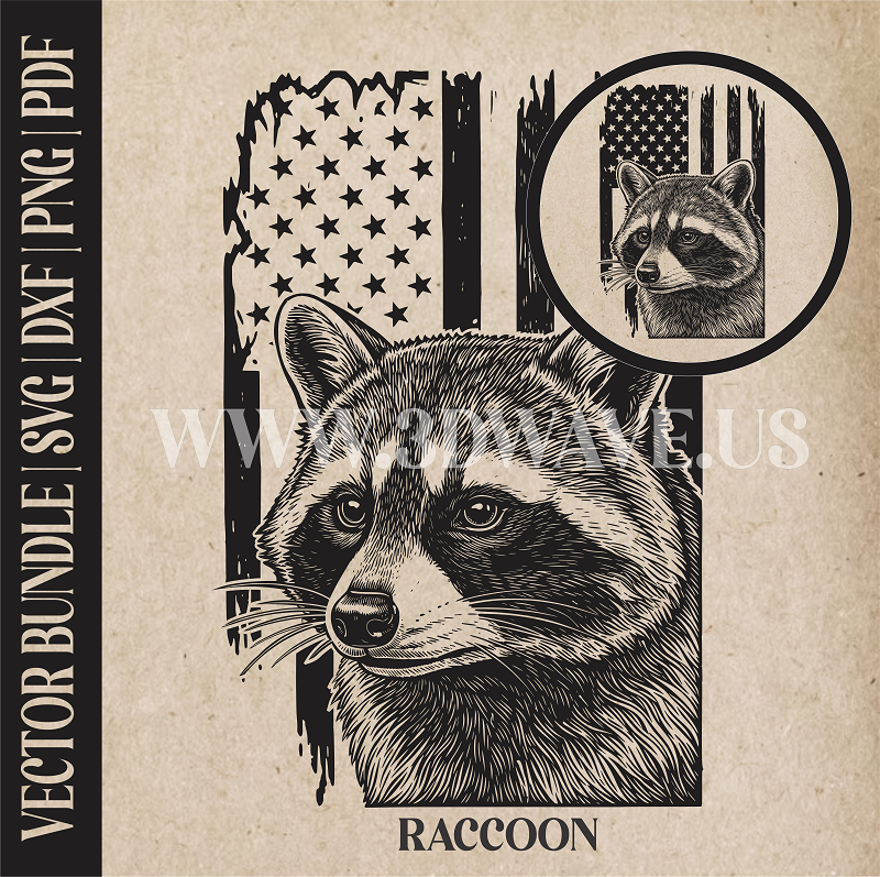 Raccoon on American Flag Background | Vector Art: LaserCut Files for Cricut, Glowforge SVG | Digital Products