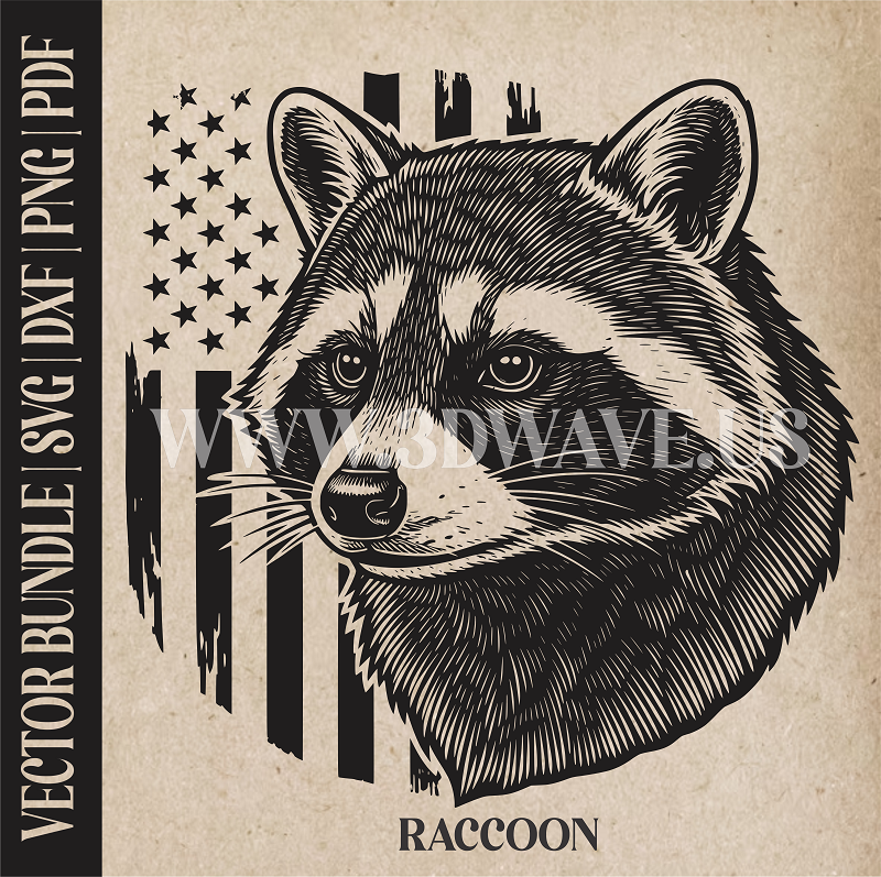 Raccoon on American Flag Background | Vector Art: LaserCut Files for Cricut, Glowforge SVG | Digital Products